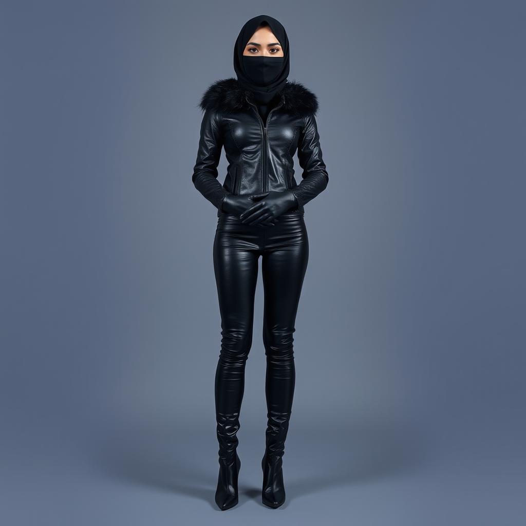 A full-body image of a woman standing with her feet closely together