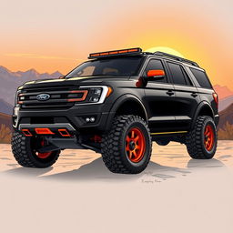 A detailed illustration of a rugged, modified Ford Expedition Tremor, blending its body style with the aggressive design elements of a Ram TRX