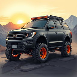 A detailed illustration of a rugged, modified Ford Expedition Tremor, blending its body style with the aggressive design elements of a Ram TRX