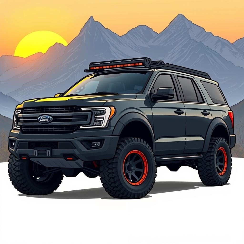 A detailed illustration of a rugged, modified Ford Expedition Tremor, blending its body style with the aggressive design elements of a Ram TRX