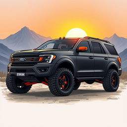 A detailed illustration of a rugged, modified Ford Expedition Tremor, blending its body style with the aggressive design elements of a Ram TRX