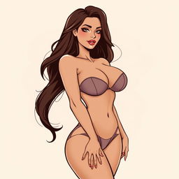 A stylized illustration of a confident and elegant woman with a curvy figure, showcasing her voluptuous breasts in a tasteful and artistic manner