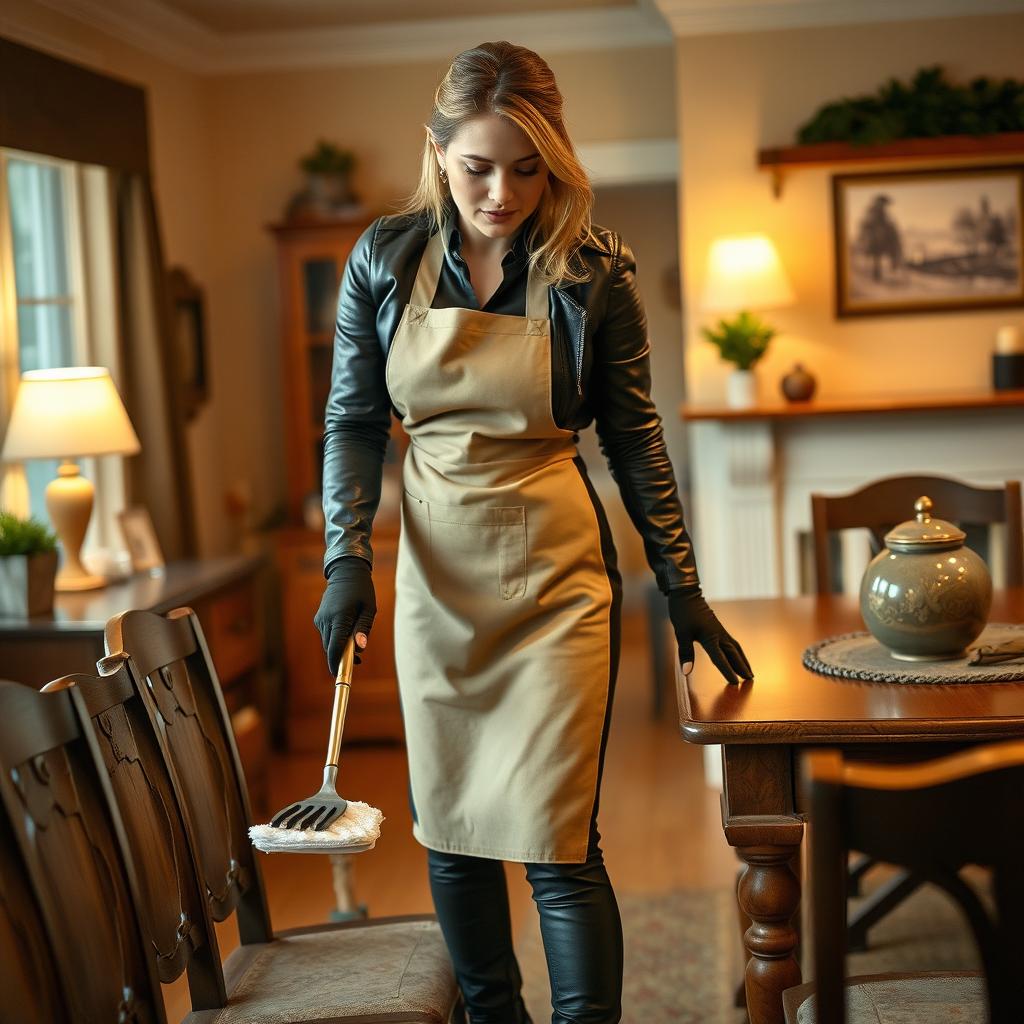 A woman cleaning a dining table in a cozy home environment