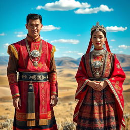 An elegant portrayal of traditional Mongolian national dress, highlighting the intricate designs and vibrant colors of the del, a long tunic worn by both men and women