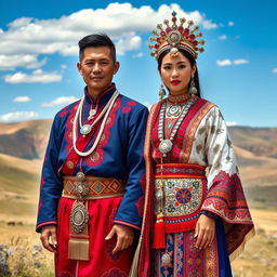 An elegant portrayal of traditional Mongolian national dress, highlighting the intricate designs and vibrant colors of the del, a long tunic worn by both men and women