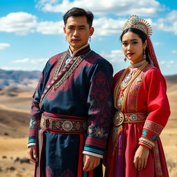 An elegant portrayal of traditional Mongolian national dress, highlighting the intricate designs and vibrant colors of the del, a long tunic worn by both men and women