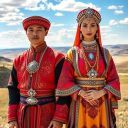 An elegant portrayal of traditional Mongolian national dress, highlighting the intricate designs and vibrant colors of the del, a long tunic worn by both men and women