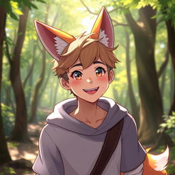 A playful young man with vibrant fox ears perched atop his head and a fluffy fox tail elegantly draped behind his back
