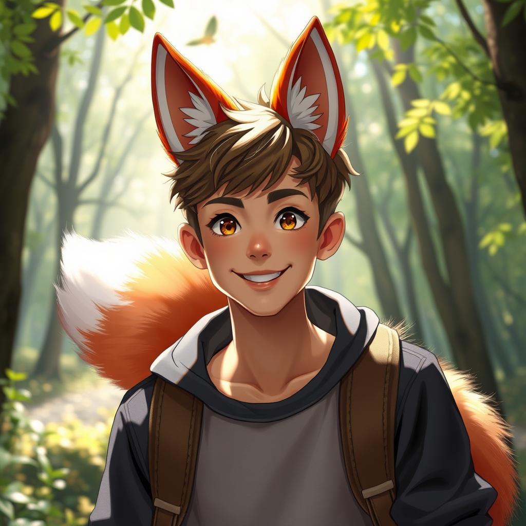 A playful young man with vibrant fox ears perched atop his head and a fluffy fox tail elegantly draped behind his back