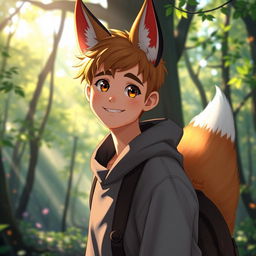 A playful young man with vibrant fox ears perched atop his head and a fluffy fox tail elegantly draped behind his back
