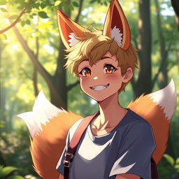 A playful young man with vibrant fox ears perched atop his head and a fluffy fox tail elegantly draped behind his back