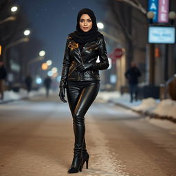 A woman on a cold winter night, dressed in shiny black leather leggings, a shiny black leather jacket, and shiny leather gloves