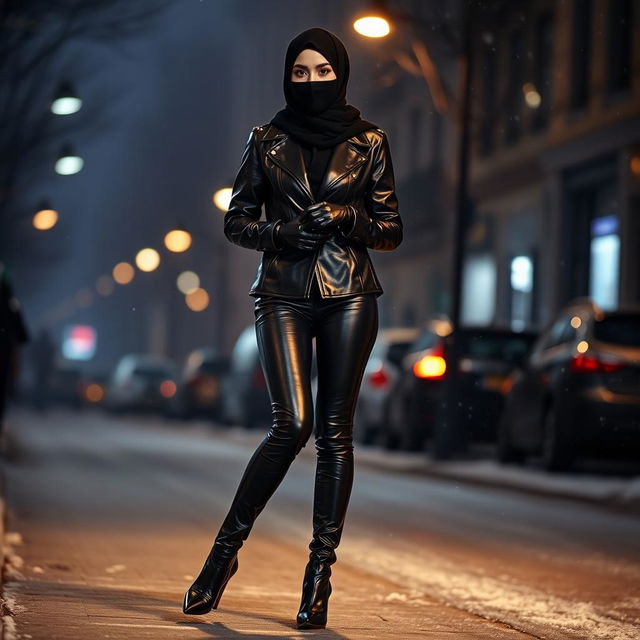 A woman on a cold winter night, dressed in shiny black leather leggings, a shiny black leather jacket, and shiny leather gloves