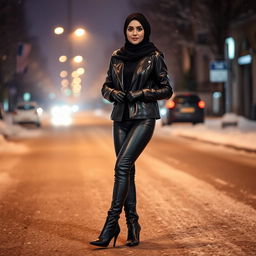 A woman on a cold winter night, dressed in shiny black leather leggings, a shiny black leather jacket, and shiny leather gloves