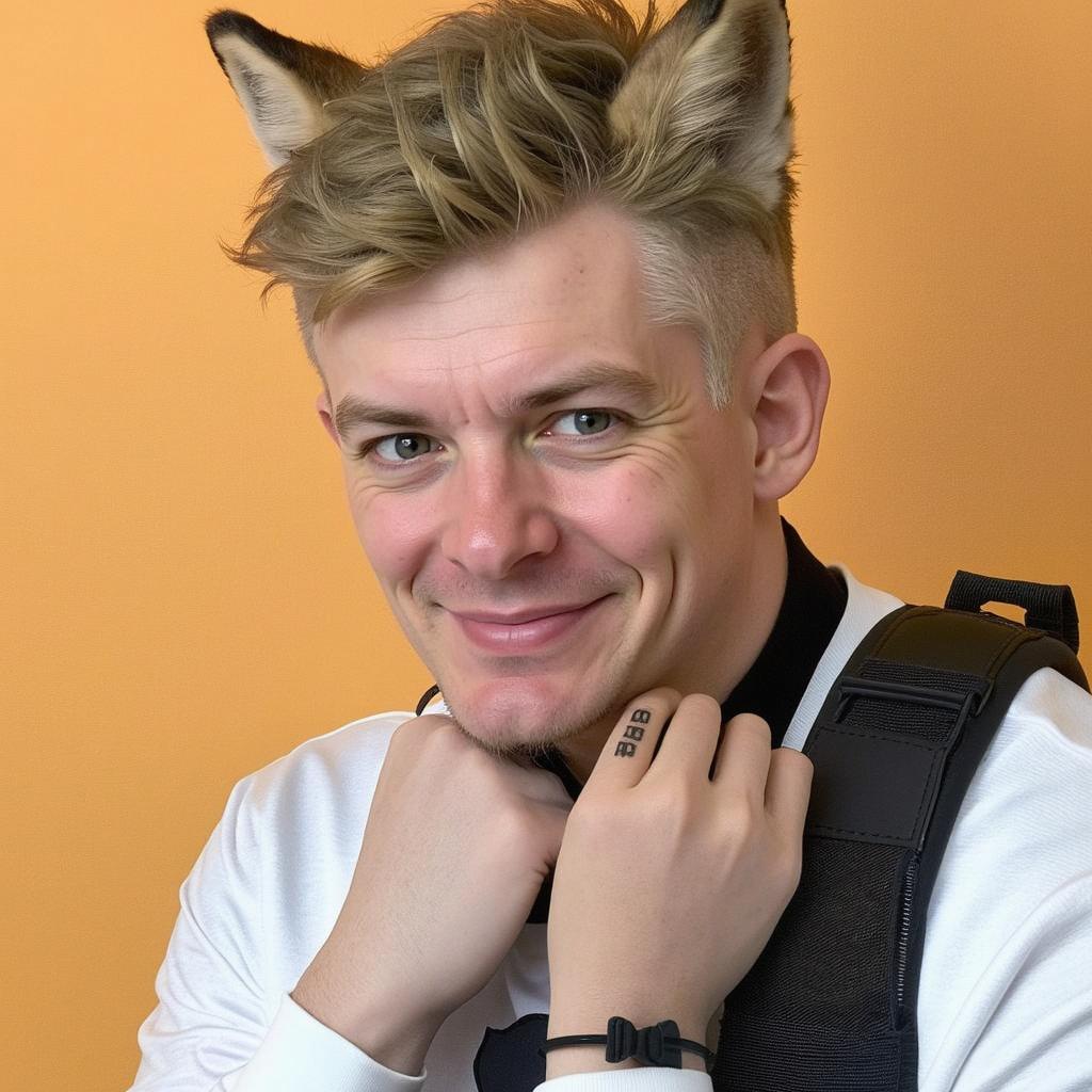 A young man with a confident expression, featuring short, tousled blonde hair, fox ears on his head, and striking blue eyes