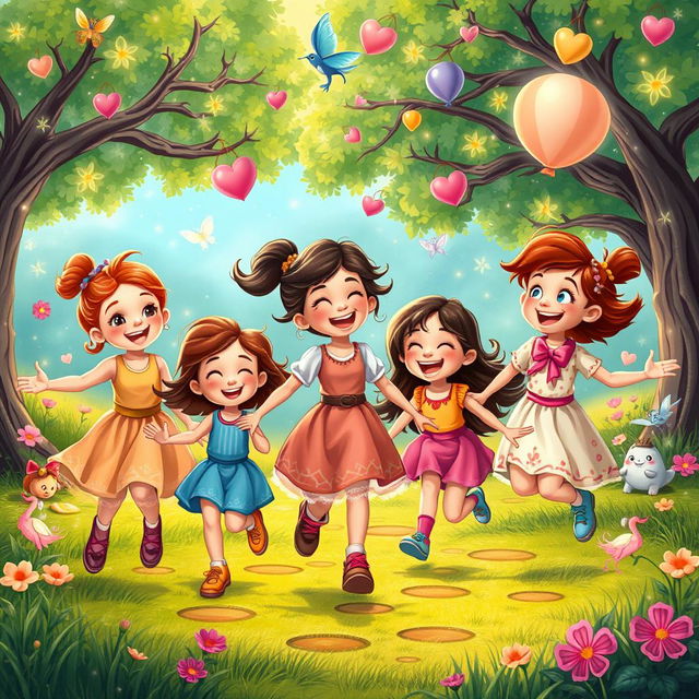 A joyful scene depicting Maria and her friends, a diverse group of children, skipping and laughing together in a magical land filled with vibrant colors and whimsical elements