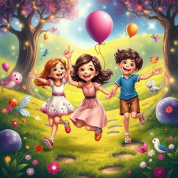 A joyful scene depicting Maria and her friends, a diverse group of children, skipping and laughing together in a magical land filled with vibrant colors and whimsical elements