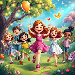 A joyful scene depicting Maria and her friends, a diverse group of children, skipping and laughing together in a magical land filled with vibrant colors and whimsical elements