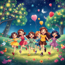 A joyful scene depicting Maria and her friends, a diverse group of children, skipping and laughing together in a magical land filled with vibrant colors and whimsical elements
