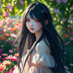 A stunning girl with long, flowing black hair, porcelain white skin, and captivating soft pink eyes