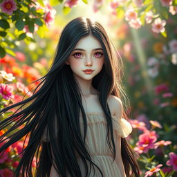 A stunning girl with long, flowing black hair, porcelain white skin, and captivating soft pink eyes