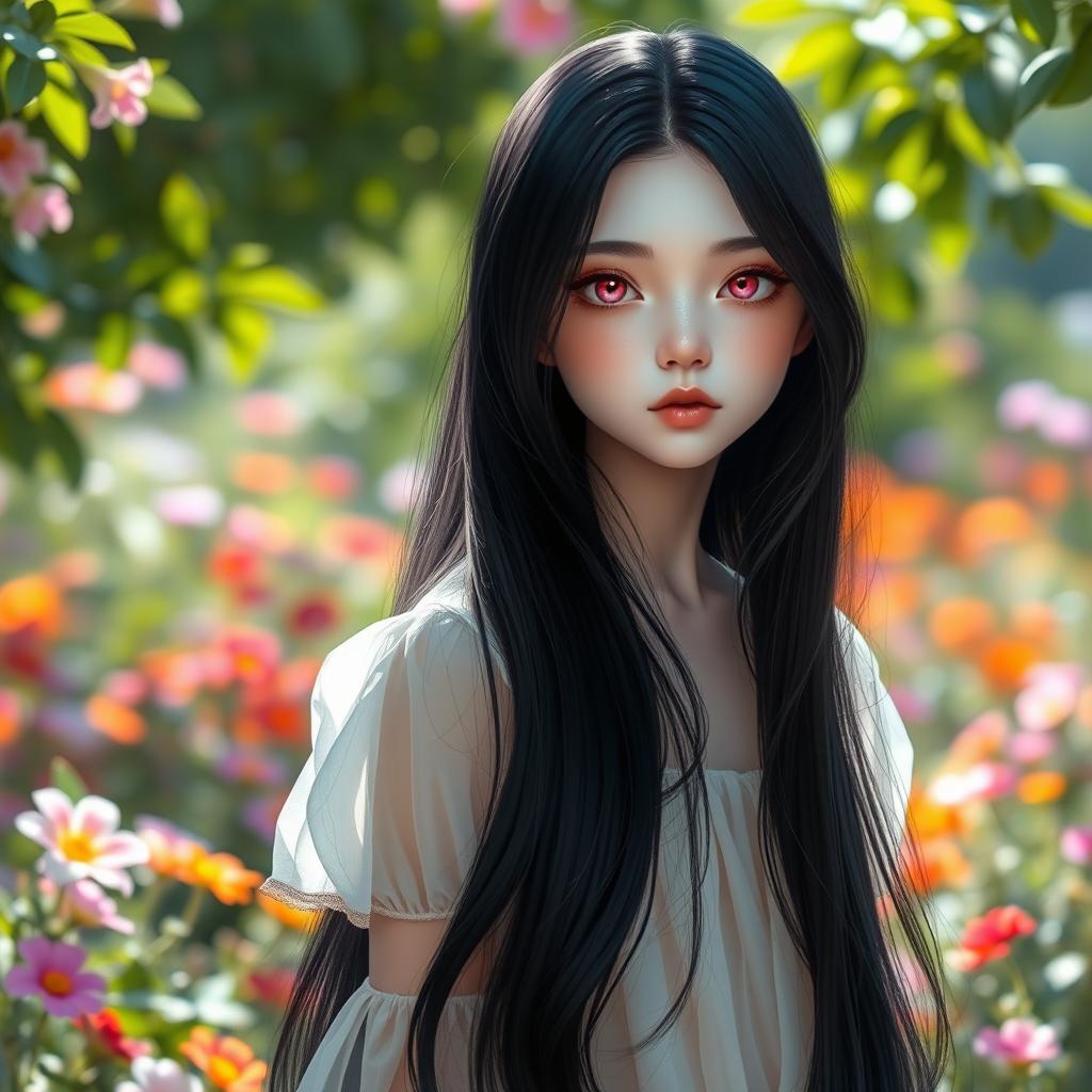 A stunning girl with long, flowing black hair, porcelain white skin, and captivating soft pink eyes