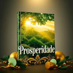 A captivating book cover design titled 'Prosperidade', featuring a lush, green landscape with golden sunlight filtering through the trees, symbolizing wealth and abundance