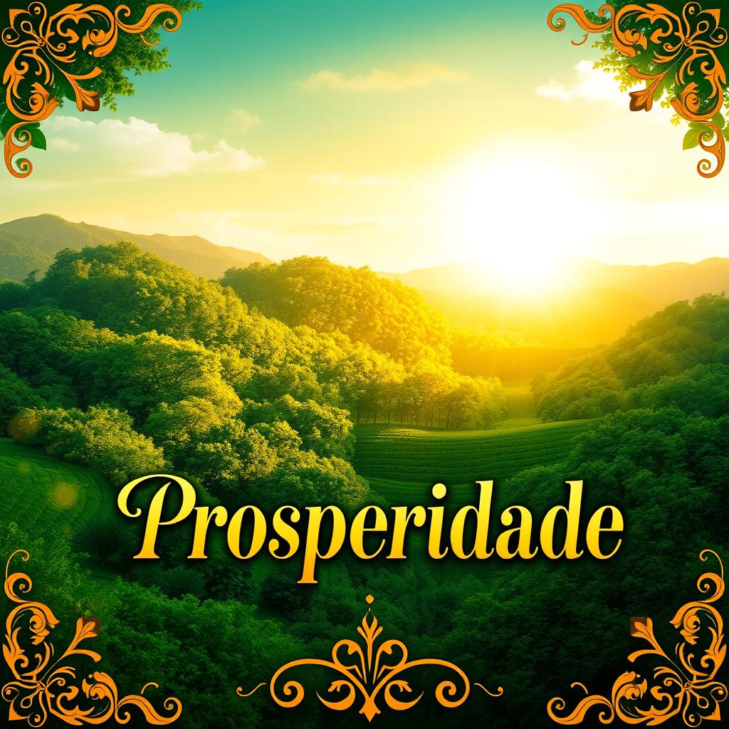 A captivating book cover design titled 'Prosperidade', featuring a lush, green landscape with golden sunlight filtering through the trees, symbolizing wealth and abundance