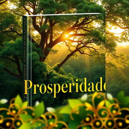 A captivating book cover design titled 'Prosperidade', featuring a lush, green landscape with golden sunlight filtering through the trees, symbolizing wealth and abundance