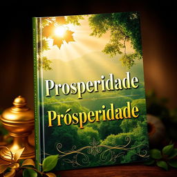 A captivating book cover design titled 'Prosperidade', featuring a lush, green landscape with golden sunlight filtering through the trees, symbolizing wealth and abundance
