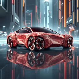 A surreal and groundbreaking image of a futuristic BMW M635 CSL car, imagined for the year 2040, designed entirely from steaks and flesh, creating a strikingly bizarre appearance