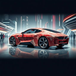 A surreal and groundbreaking image of a futuristic BMW M635 CSL car, imagined for the year 2040, designed entirely from steaks and flesh, creating a strikingly bizarre appearance
