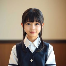 A portrait of a cute teenage girl with black hair that falls slightly below her chest, showcasing her Asian features and thin figure