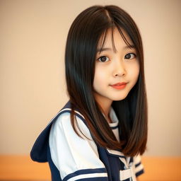 A portrait of a cute teenage girl with black hair that falls slightly below her chest, showcasing her Asian features and thin figure