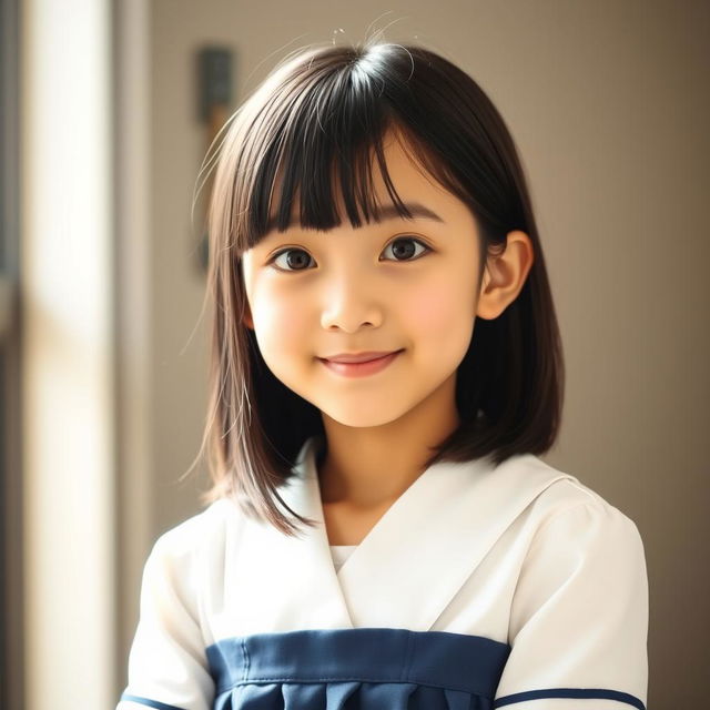 A portrait of a cute teenage girl with black hair that falls slightly below her chest, showcasing her Asian features and thin figure