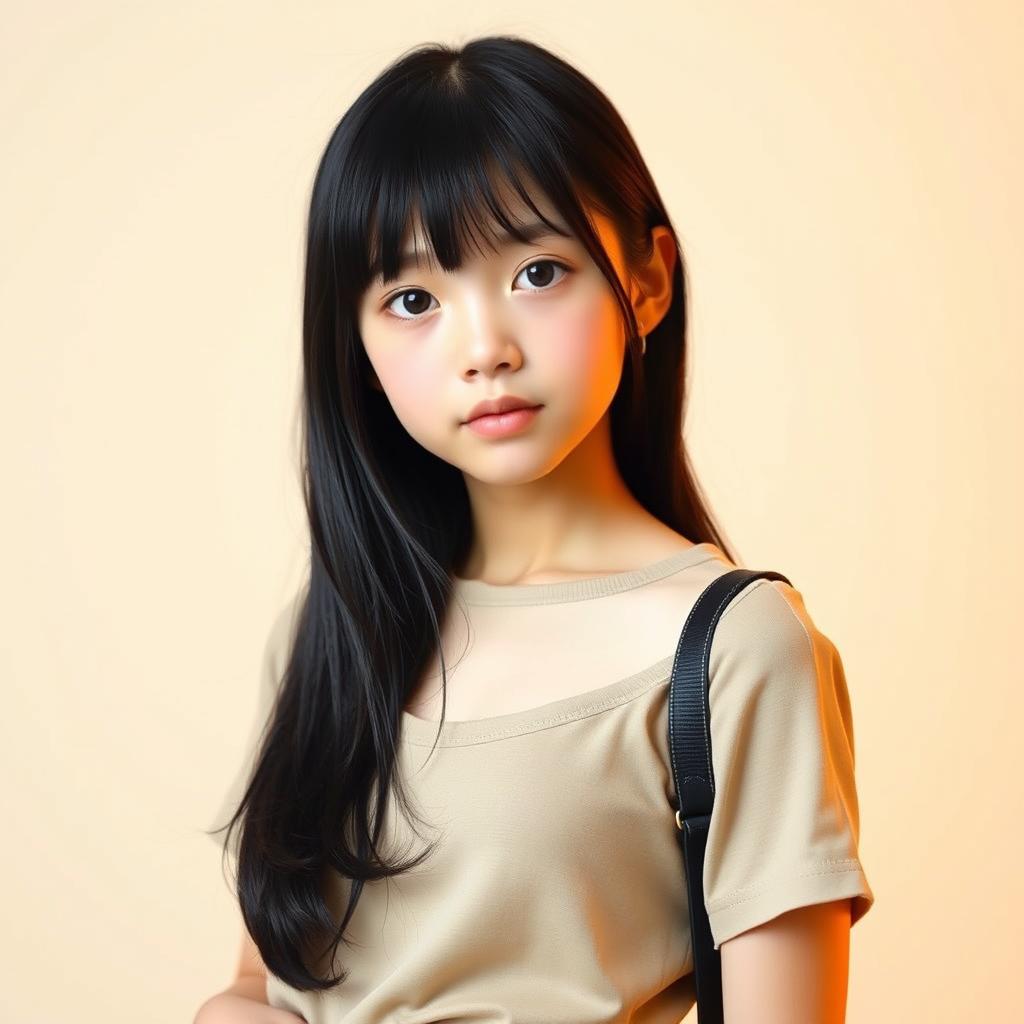 A portrait of a teenage girl with black hair that falls slightly below her chest, showcasing her Asian features and thin figure