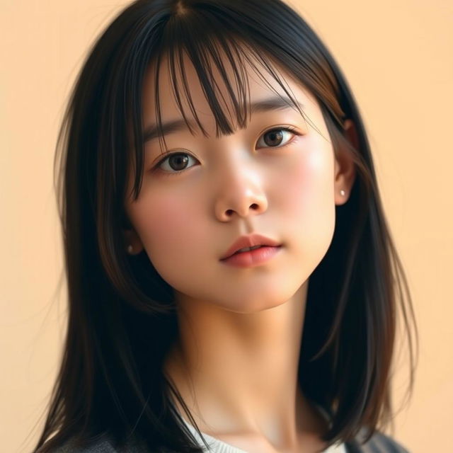 A portrait of a teenage girl with black hair that falls slightly below her chest, showcasing her Asian features and thin figure