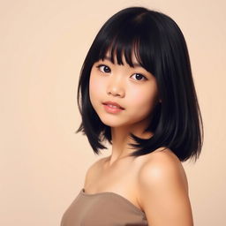 A portrait of a teenage girl with black hair that falls slightly below her chest, showcasing her Asian features and thin figure