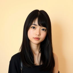 A portrait of a teenage girl with black hair that falls slightly below her chest, showcasing her Asian features and thin figure