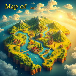 A visually striking and vivid representation of a 'map of prosperity', featuring a beautifully detailed landscape with lush greenery, vibrant cities, and flowing rivers symbolizing growth and abundance