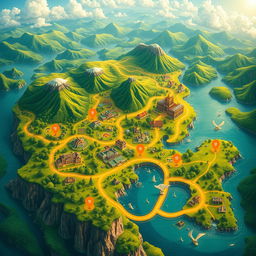 A visually striking and vivid representation of a 'map of prosperity', featuring a beautifully detailed landscape with lush greenery, vibrant cities, and flowing rivers symbolizing growth and abundance
