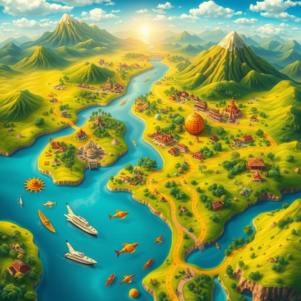 A visually striking and vivid representation of a 'map of prosperity', featuring a beautifully detailed landscape with lush greenery, vibrant cities, and flowing rivers symbolizing growth and abundance