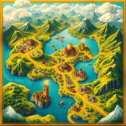 A visually striking and vivid representation of a 'map of prosperity', featuring a beautifully detailed landscape with lush greenery, vibrant cities, and flowing rivers symbolizing growth and abundance