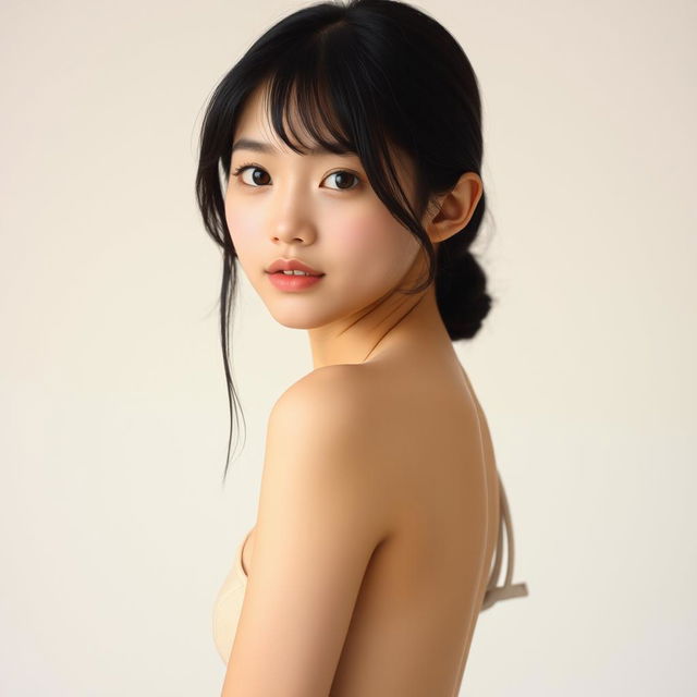 A portrait of a teenage girl with black hair that falls slightly below her chest, showcasing her Asian features and thin figure