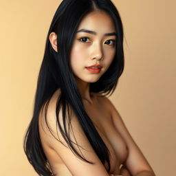 A portrait of a teenage girl with black hair that falls slightly below her chest, showcasing her Asian features and thin figure