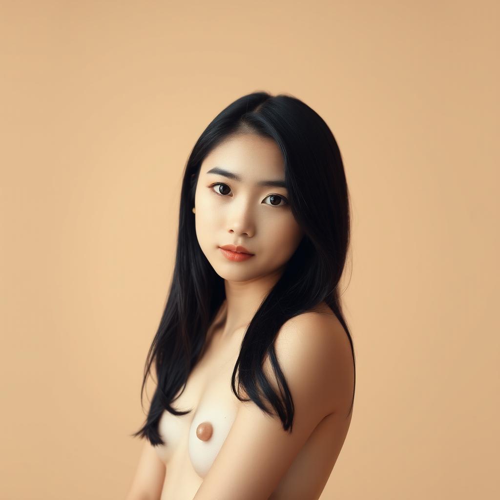 A portrait of a teenage girl with black hair that falls slightly below her chest, showcasing her Asian features and thin figure