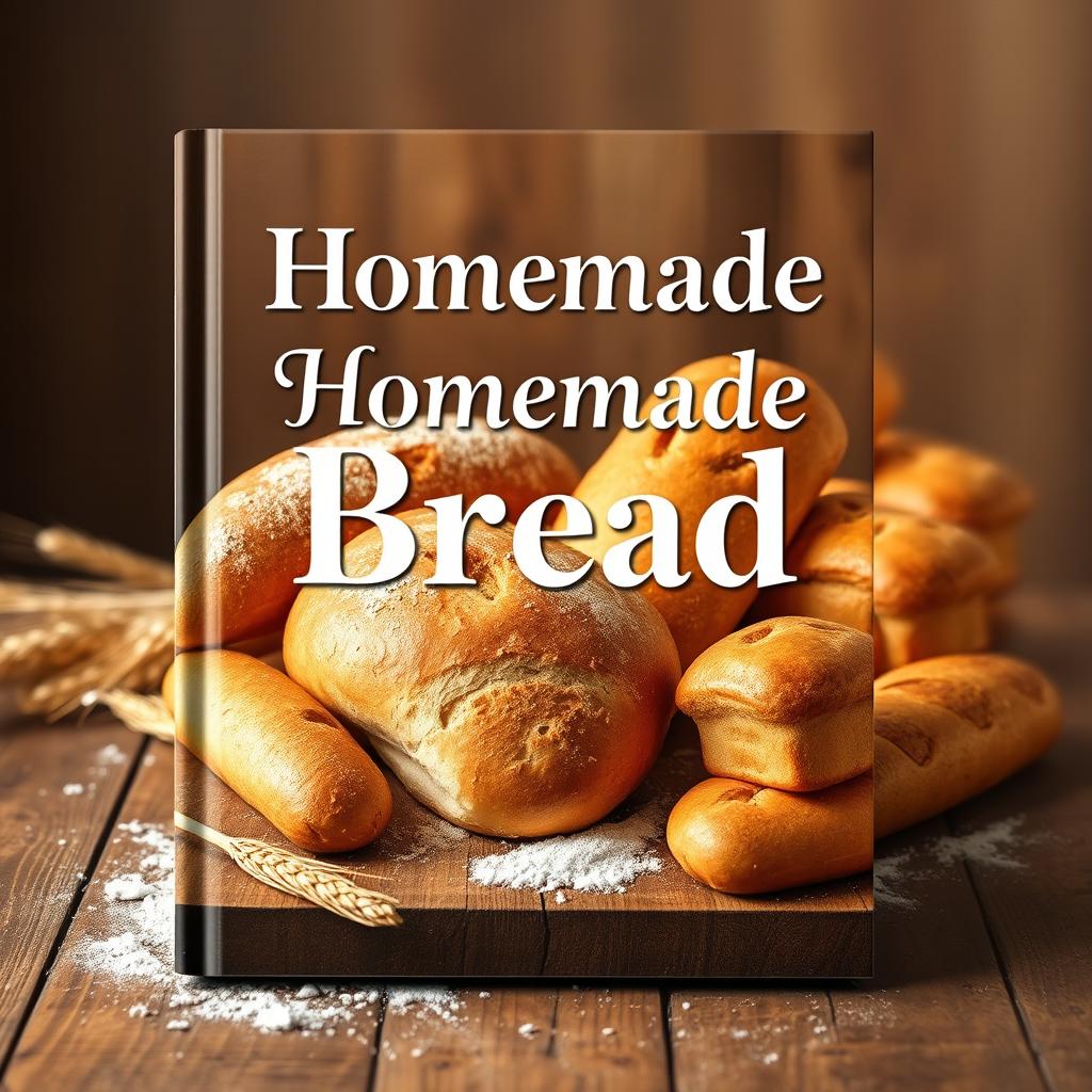 A captivating book cover for 'Homemade Bread Manual' featuring golden, freshly baked bread including baguettes, rustic loaves, and rolls artfully arranged on a rustic wooden table sprinkled with flour