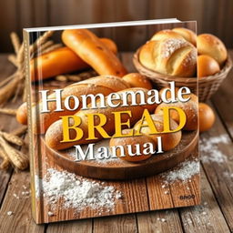 A captivating book cover for 'Homemade Bread Manual' featuring golden, freshly baked bread including baguettes, rustic loaves, and rolls artfully arranged on a rustic wooden table sprinkled with flour