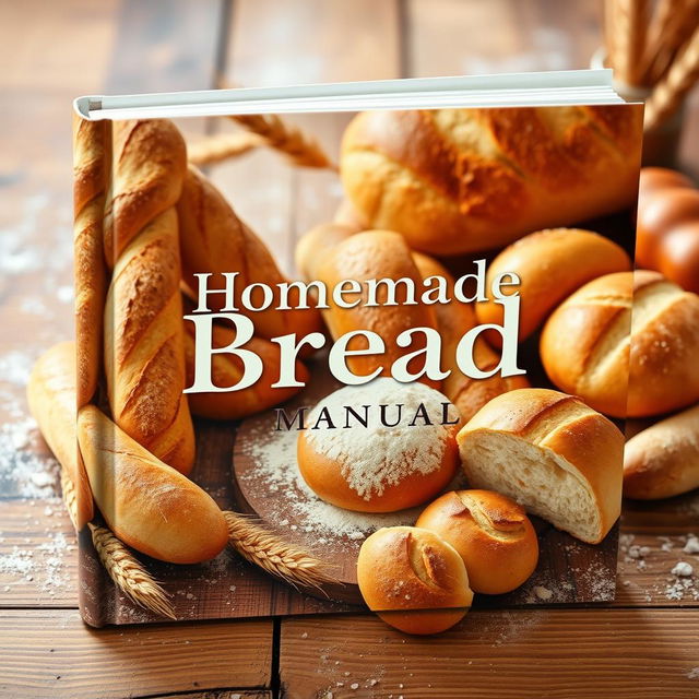 A captivating book cover for 'Homemade Bread Manual' featuring golden, freshly baked bread including baguettes, rustic loaves, and rolls artfully arranged on a rustic wooden table sprinkled with flour