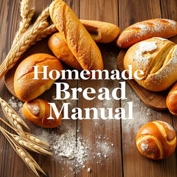 A captivating book cover for 'Homemade Bread Manual' featuring golden, freshly baked bread including baguettes, rustic loaves, and rolls artfully arranged on a rustic wooden table sprinkled with flour
